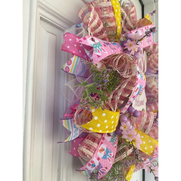 Wooden Welcome Easter Bunny Gnome Sign & Eggs Deco Mesh & Ribbon Wreath - Picture 3 of 6